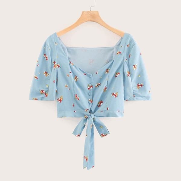 

Floral Print Button Front Tie Front Blouse