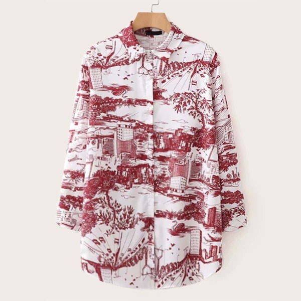 

Graphic Print High Low Button Front Blouse