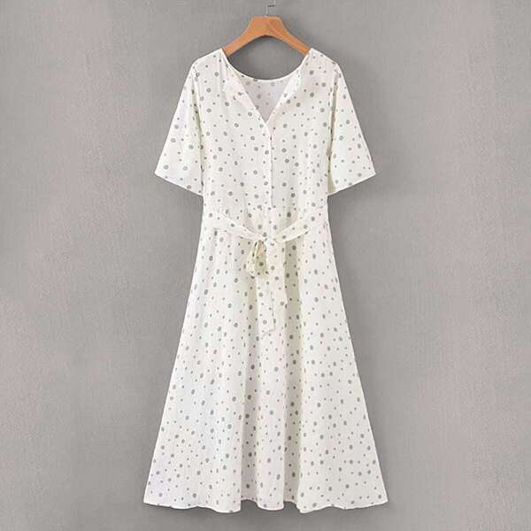 

Polka Dot Button Front Belted Dress