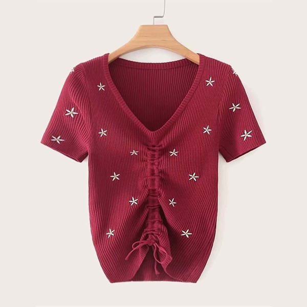 

Embroidered Rib-Knit Drawstring Knit Top