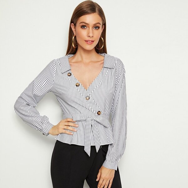 

Striped Oblique Button Belted Peplum Blouse