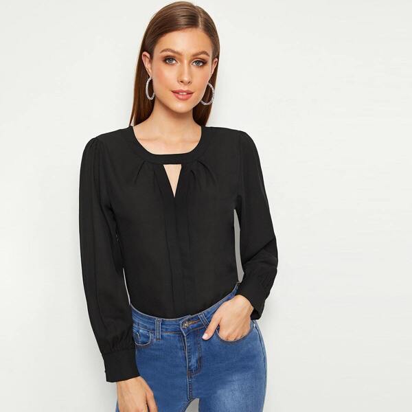 

Solid Keyhole Neck Blouse