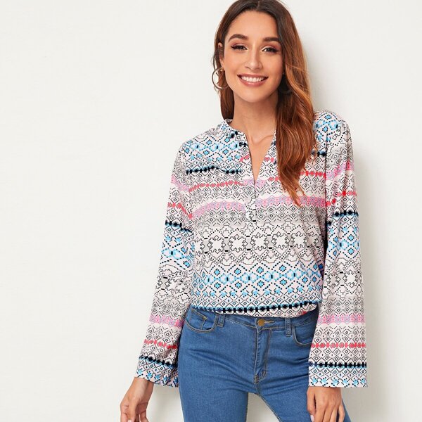 

Aztec Print Notch Neck Blouse