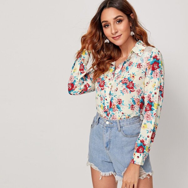 

Floral Print Lace Panel Shoulder Blouse, Multicolor