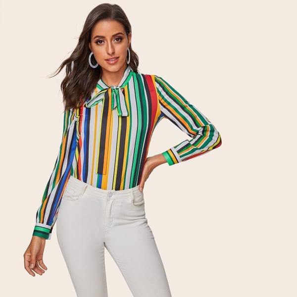 

Colorful Vertical-striped Tie Neck Blouse