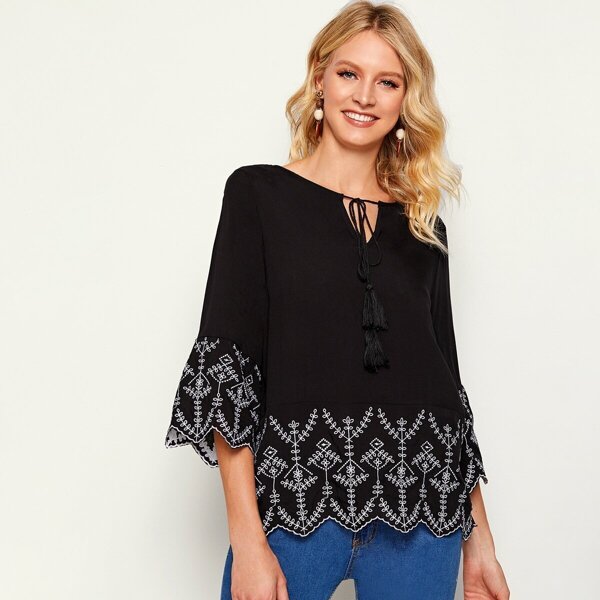 

Plants Embroidery Fringe Tie Neck Blouse