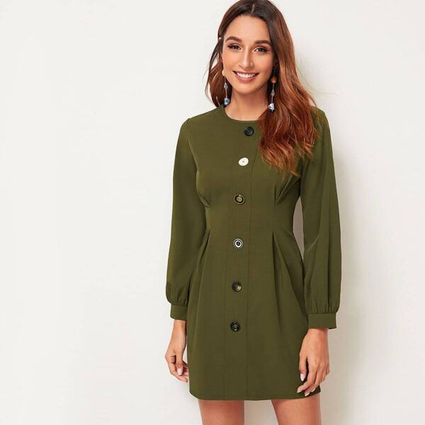 

Gathered Waist Button Front Shirt Dress, Army green