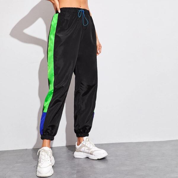 

Contrast Panel Drawstring Waist Windbreaker Sweatpants
