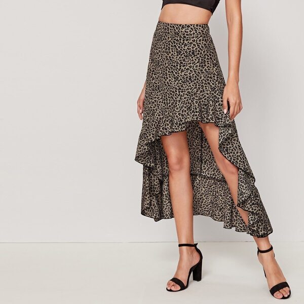 

Leopard Asymmetric Ruffle Hem Skirt