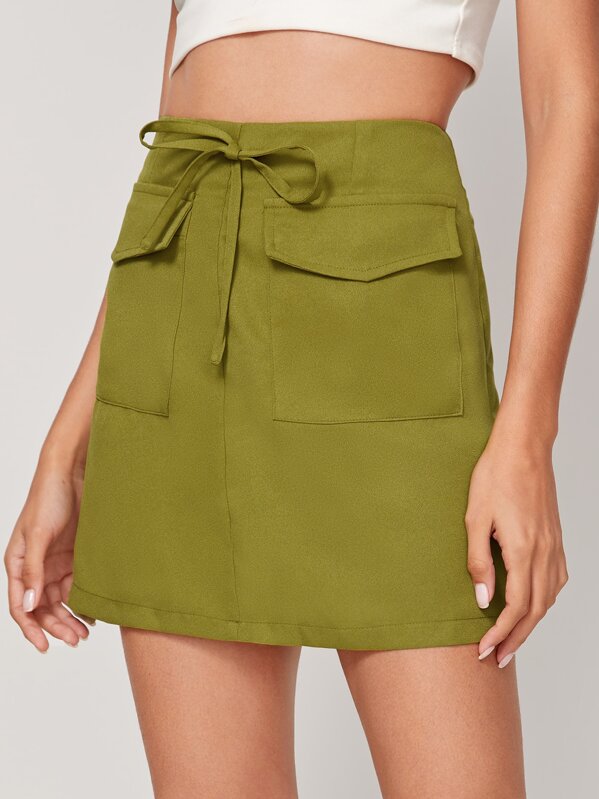 

Flap Pockets Knot Front Cargo Skirt, Army green, Gabi B