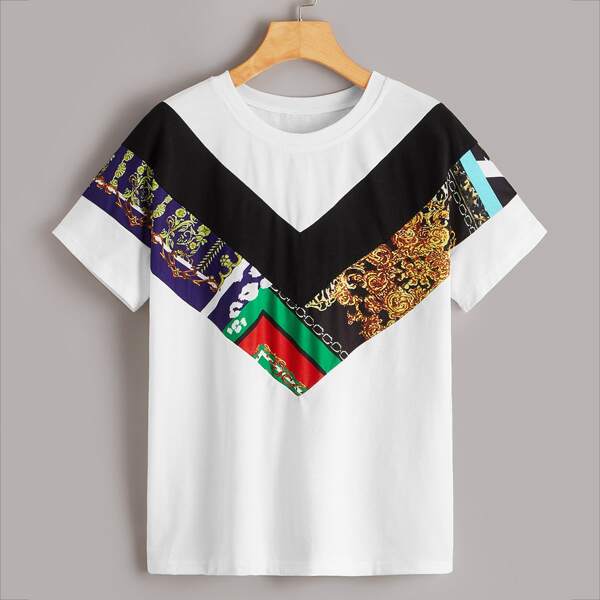 Contrast Panel Damask Print Tee