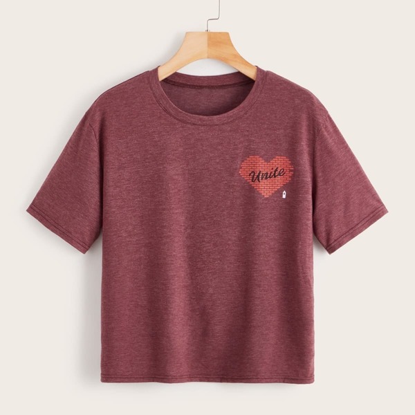 

Letter & Heart Print Round Neck Tee