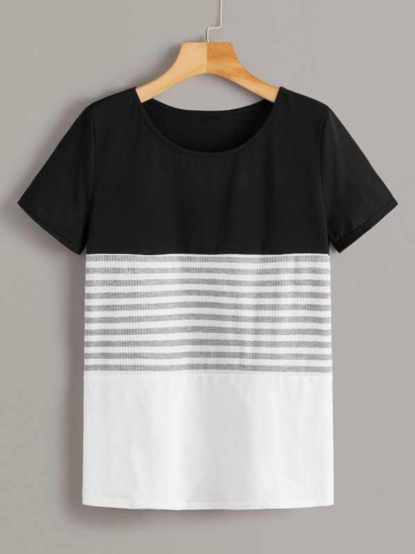 

Cut And Sew Rib Knit Tee, Black and white