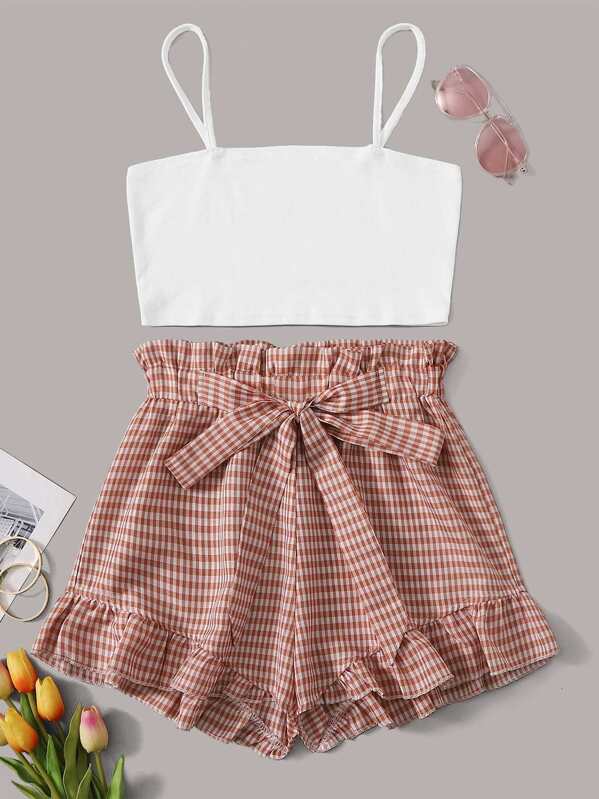 

Solid Cami Top With Gingham Tie Front Paperbag Shorts, Multicolor
