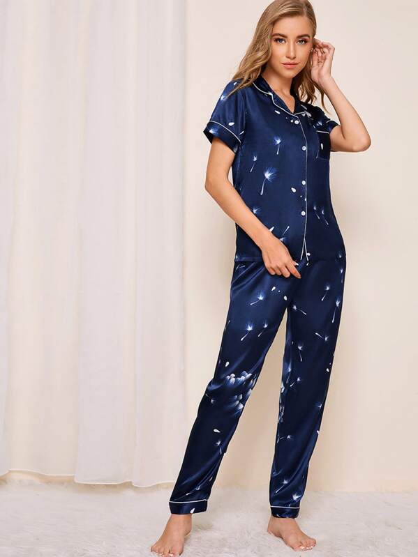 

Dandelion Print Satin Pajama Set, Navy, Na na