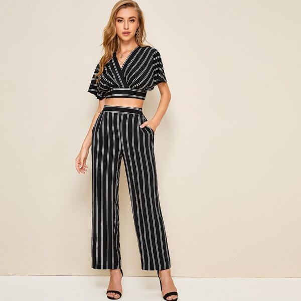 

Striped Tie Back Surplice Top With Straight Pants