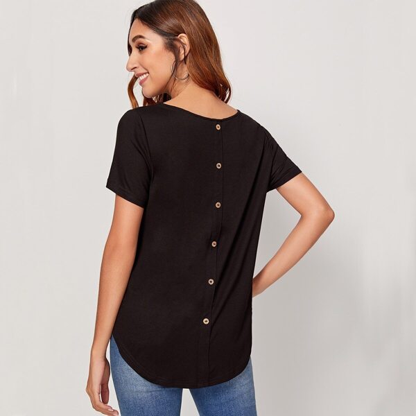 

Solid Button Back Curved Hem Tee, Black