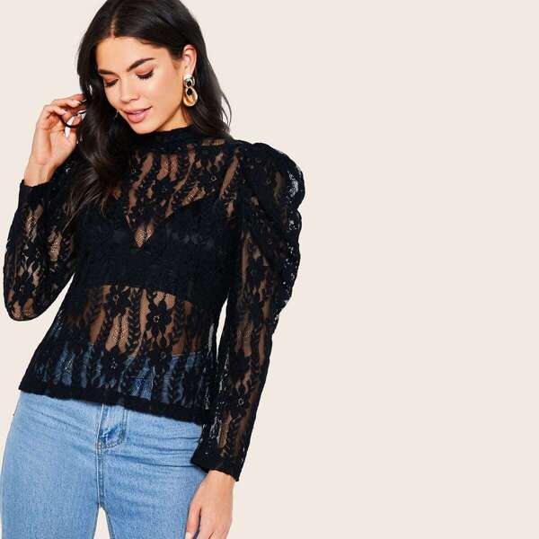 

Gigot Sleeve Lace Sheer Top Without Bra, Black