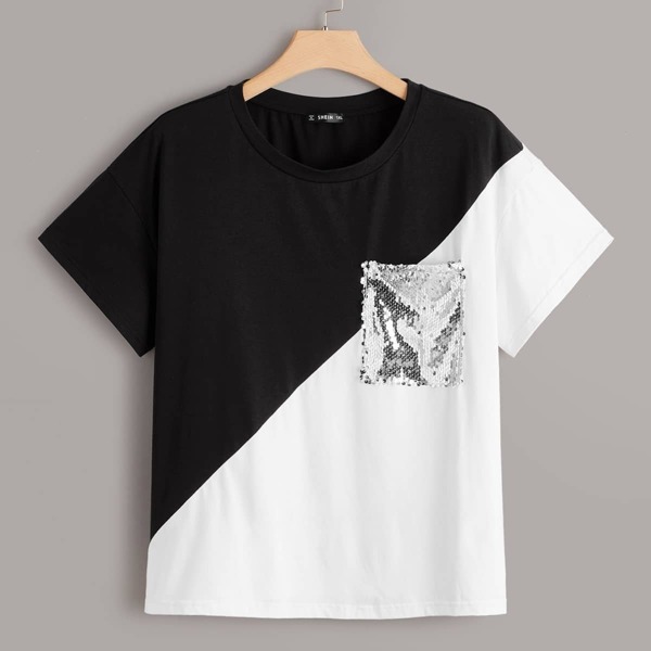 

Plus Sequin Patch Pocket Spliced Top