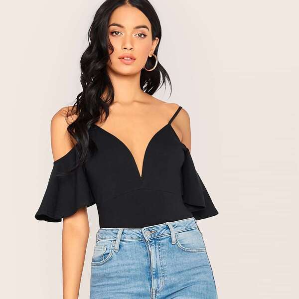 

Plunging Cold Shoulder Solid Cami Top, Black