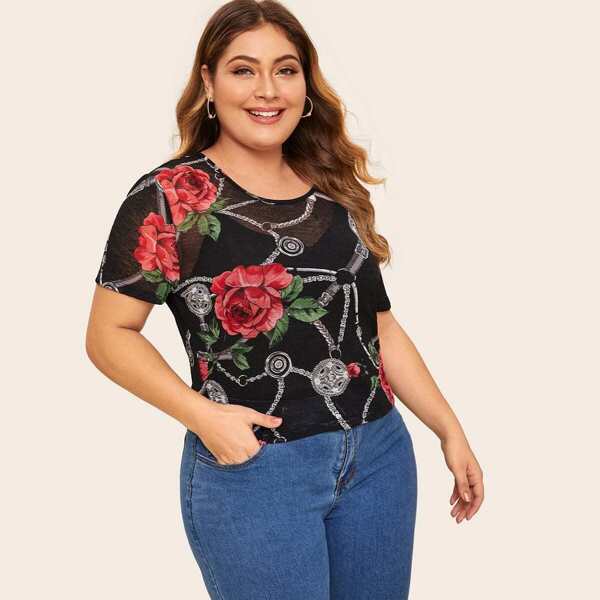 

Plus Chain & Floral Print Sheer Fitted Top Without Cami