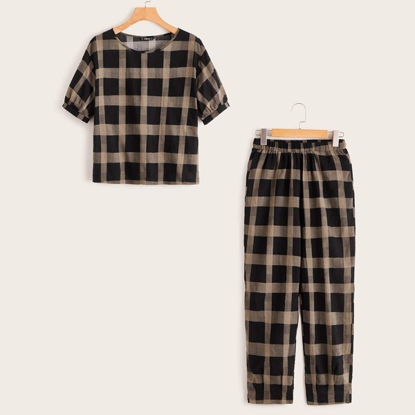 

Drop Shoulder Gingham Print Top & Pants Set, Multicolor