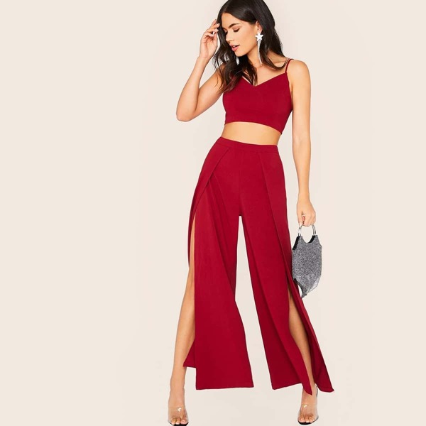 

Zipper Back Cami Crop Top & Petal Pants Set, Burgundy