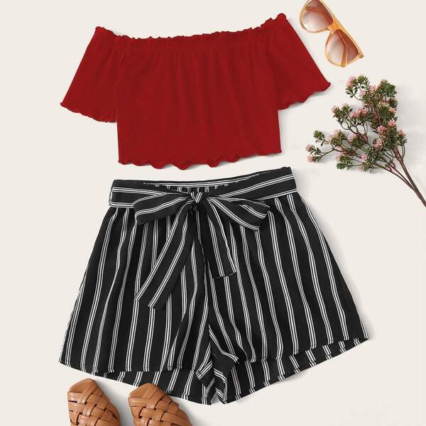 

Lettuce Trim Bardot Top & Belted Striped Shorts Set
