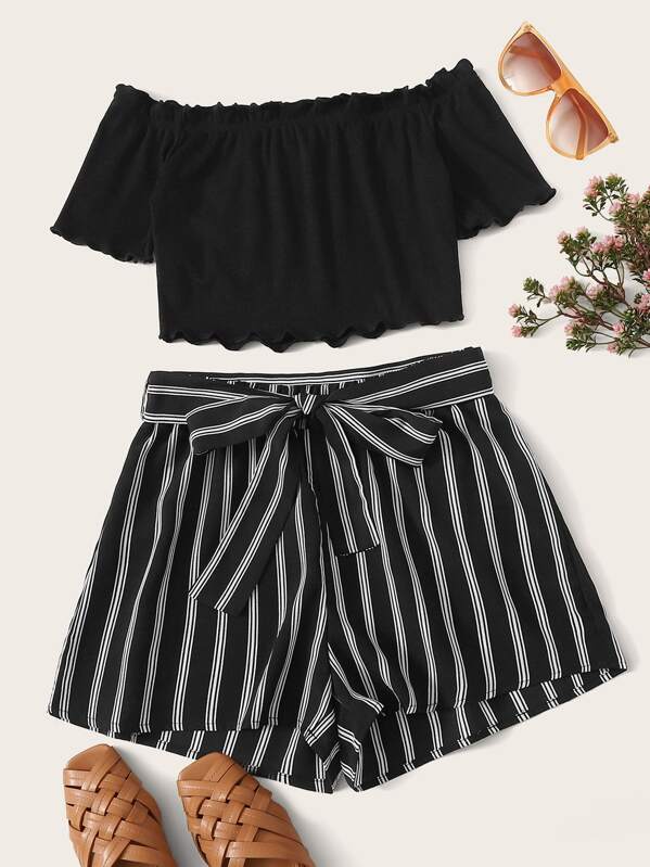 

Plus Frill Trim Top & Striped Belted Shorts Set, Black