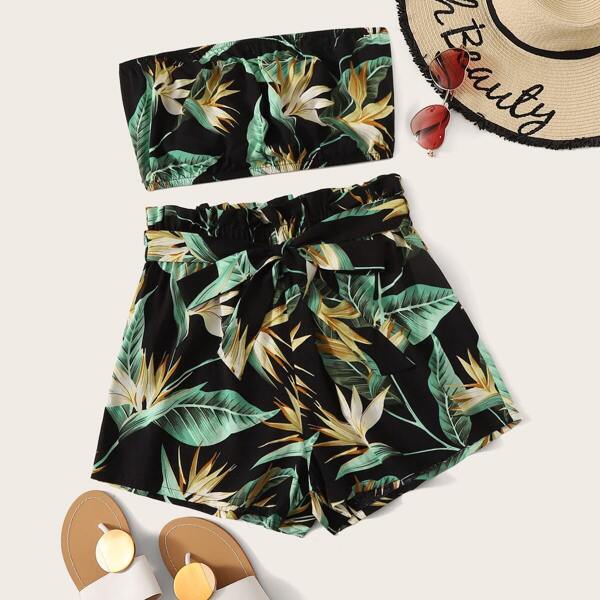 

Botanical Print Bandeau & Paperbag Waist Shorts Set