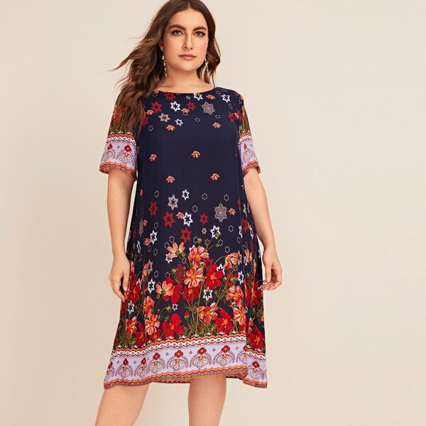 

Plus Floral Print Dress, Navy blue