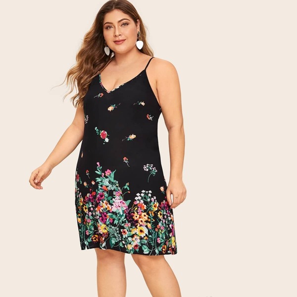 

Plus Botanical Print Cami Dress, Black