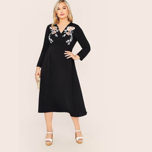 

Plus Surplice Neck Embroidery Detail Flare Dress