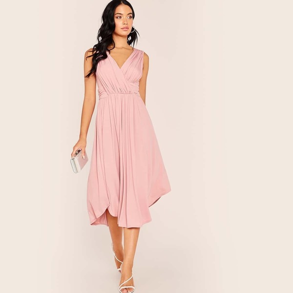 

Solid Asymmetrical Hem Surplice Neck Dress, Pink