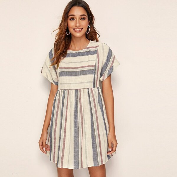 

Rolled Cuff Pocket Side Striped Dress, Multicolor