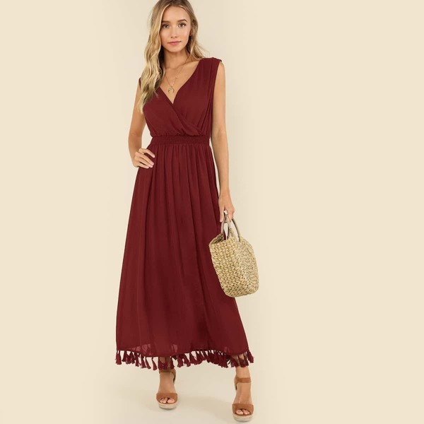 

Surplice Neck Shirred Waist Tassel Hem Dress, Burgundy