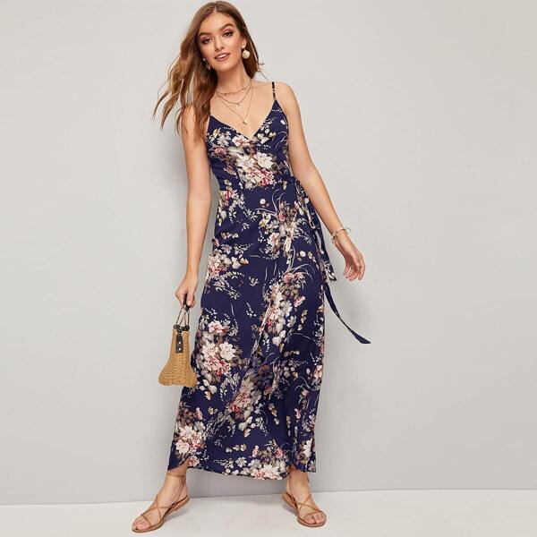 

Surplice Wrap Knot Side Botanical Print Dress