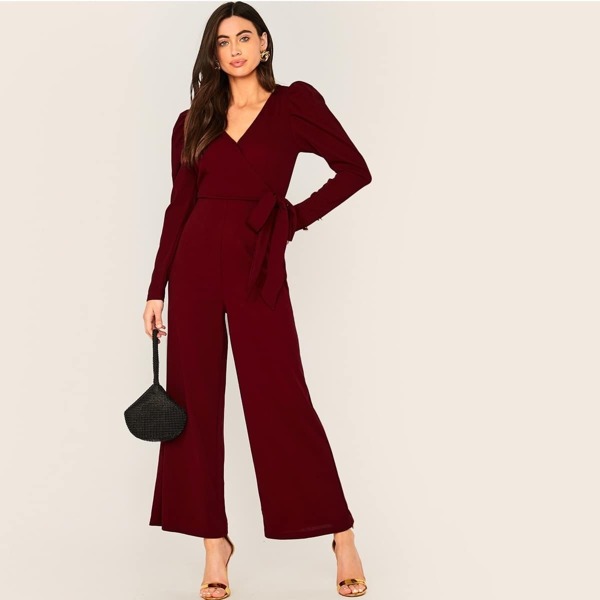 

Gigot Sleeve Self Tie Wrap Palazzo Jumpsuit, Burgundy