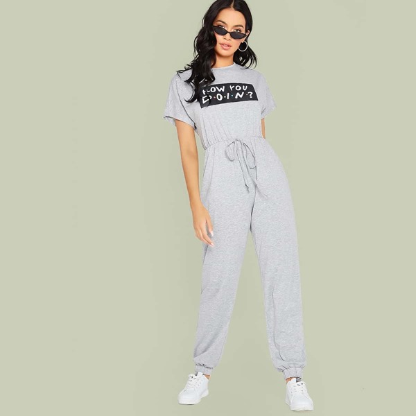 

Tie Waist Slogan Print Jumpsuit