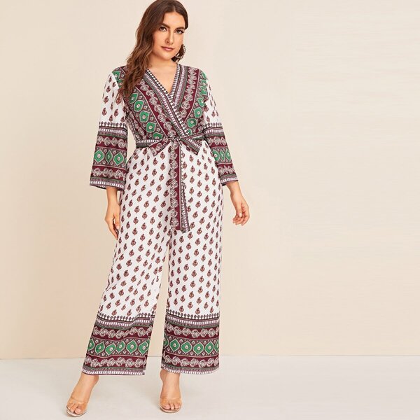 

Plus Surplice Neck Tribal Print Belted Jumpsuit, Multicolor