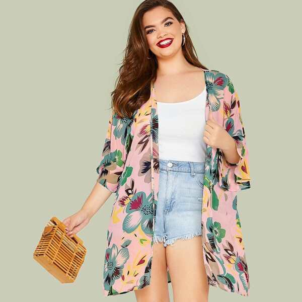 

Plus Flounce Sleeve Floral Print Kimono