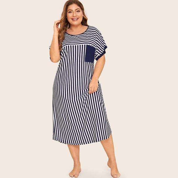 

Plus Pocket Patched Striped Night Dress, Navy