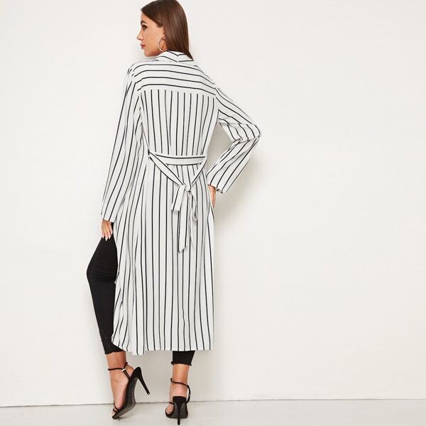 

Shawl Collar Roll-up Sleeve Split Side Belted Striped Coat