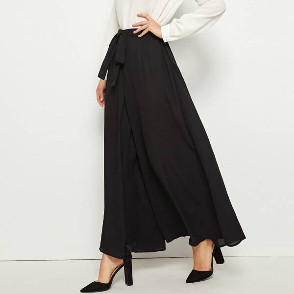 

Elastic Waist Tie Front Super Palazzo Pants, Black