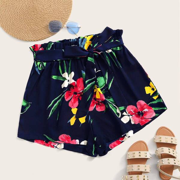 

Plus Paperbag Waist Floral Print Shorts, Navy