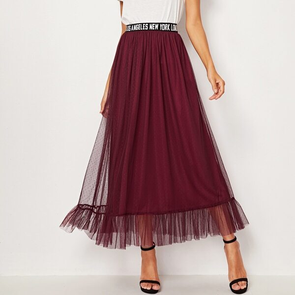 

Letter Tape Waist Mesh Overlay Ruffle Hem Skirt