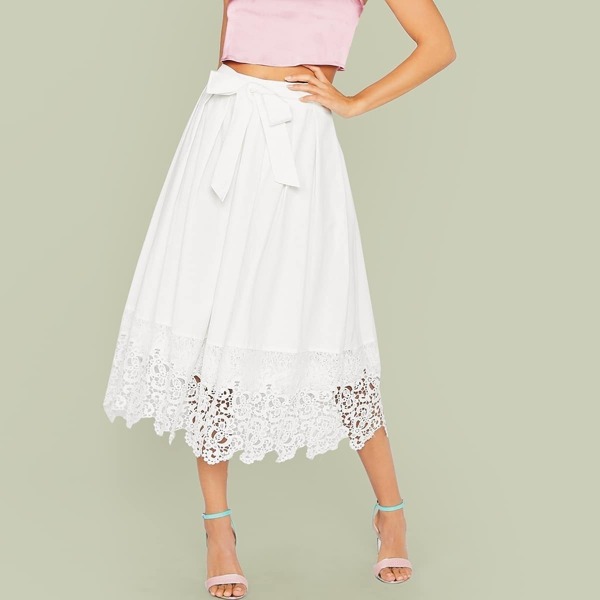 

Solid Guipure Lace Hem Pleated Tie Front Skirt