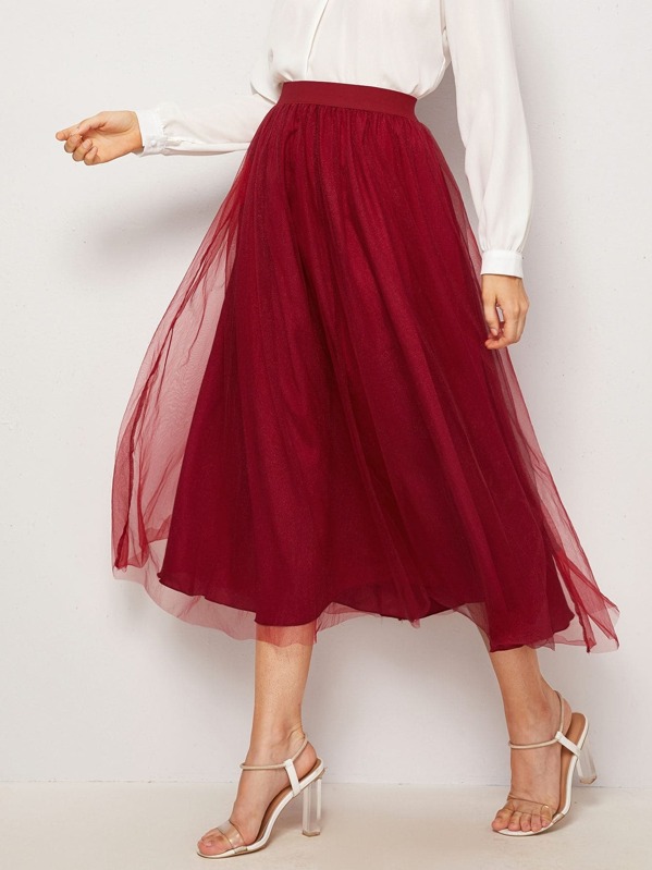 

Bow Back Mesh Overlay Skirt, Burgundy, Vikie