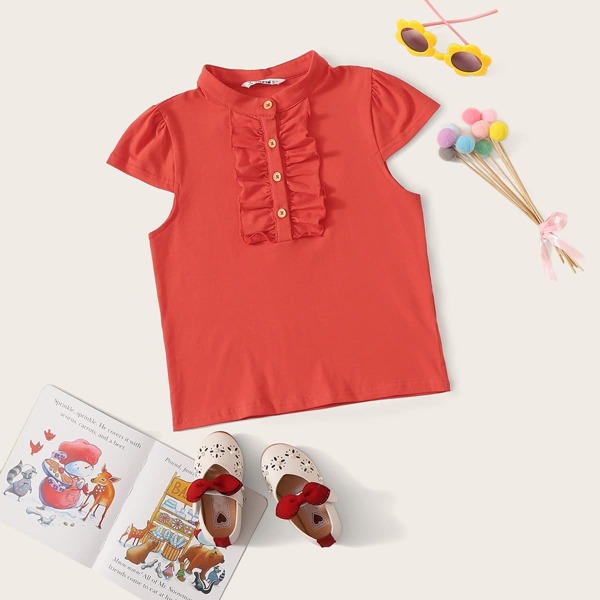 

Girls Ruffle Trim Neck Button Front Top, Orange bright