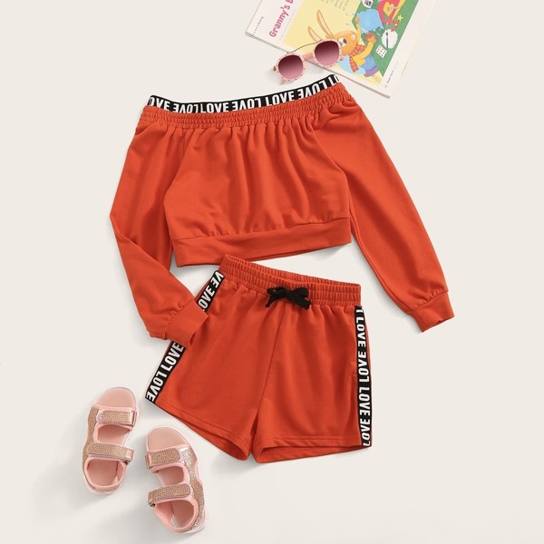 

Girls Letter Tape Bardot Top & Drawstring Track Shorts Set, Orange